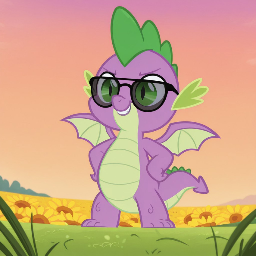 accessory anthro eyewear flower flower_field frill_(anatomy) green_body green_scales hands_on_hips happy male meadow mythology outside plant purple_body scales seaside smile smirk solo sunflower sunglasses tail wings boxen549 friendship_is_magic my_little_pony spike_(mlp) dragon mythological_creature mythological_scalie scalie