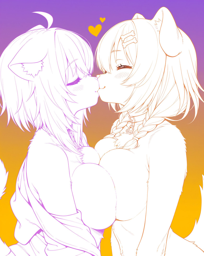 <3 alternate_species anthro blush braided_hair breast_squish breasts breasts_frottage clothed clothing collar duo eyes_closed female female/female floppy_ears furrification gradient_background hair kissing neck_tuft nude off_shoulder simple_background squish tuft undressing cpt_d inugami_korone nekomata_okayu canid canine canis domestic_cat domestic_dog felid feline felis mammal hi_res line_art