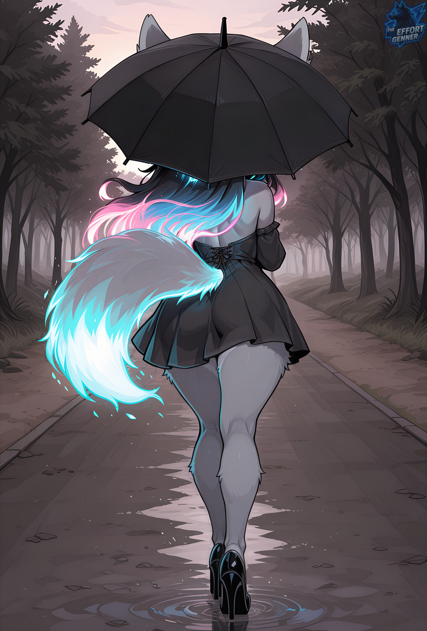 animal_ears anthro armwear bare_shoulders black_clothing black_dress black_footwear blue_hair body_fur butt clothing detached_sleeves dress female footwear forest fur gradient_hair grey_body grey_fur hair high_heels holding_object holding_umbrella long_hair multicolored_hair nature outside pink_hair plant ripples road short_dress solo standing strapless_clothing strapless_dress tail tree umbrella walking white_body white_fur thebigbradwulf nyx_(thebigbradwulf) canid canine fennec fox mammal director_name full-length_portrait hi_res portrait