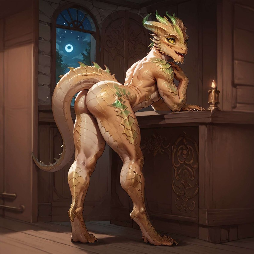 andromorph anthro baldur's_gate bent_over butt claws digitigrade exxvikyap flat_chested genitals gold_scales horn intersex looking_back moon mythology pose pussy scales sharp_teeth smile solo spiked_tail spikes spikes_(anatomy) tail teeth yellow_eyes hedgeassassin dragon dragonborn_(disambiguation) mythological_creature mythological_scalie scalie hi_res