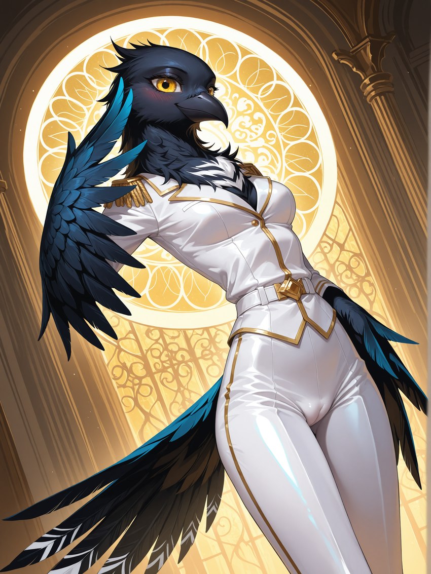 beak belt black_body black_feathers blue_body blush bottomwear breasts camel_toe cleavage clothed clothing detailed_background eyelashes feathered_wings feathers female gesture glistening inside looking_at_viewer non-mammal_breasts salute small_waist smile solo standing tail tail_feathers tight_clothing topwear tuft uniform white_clothing winged_arms wings yellow_eyes alucard_(director) avian bird corvid corvus_(genus) oscine passerine absurd_res hi_res