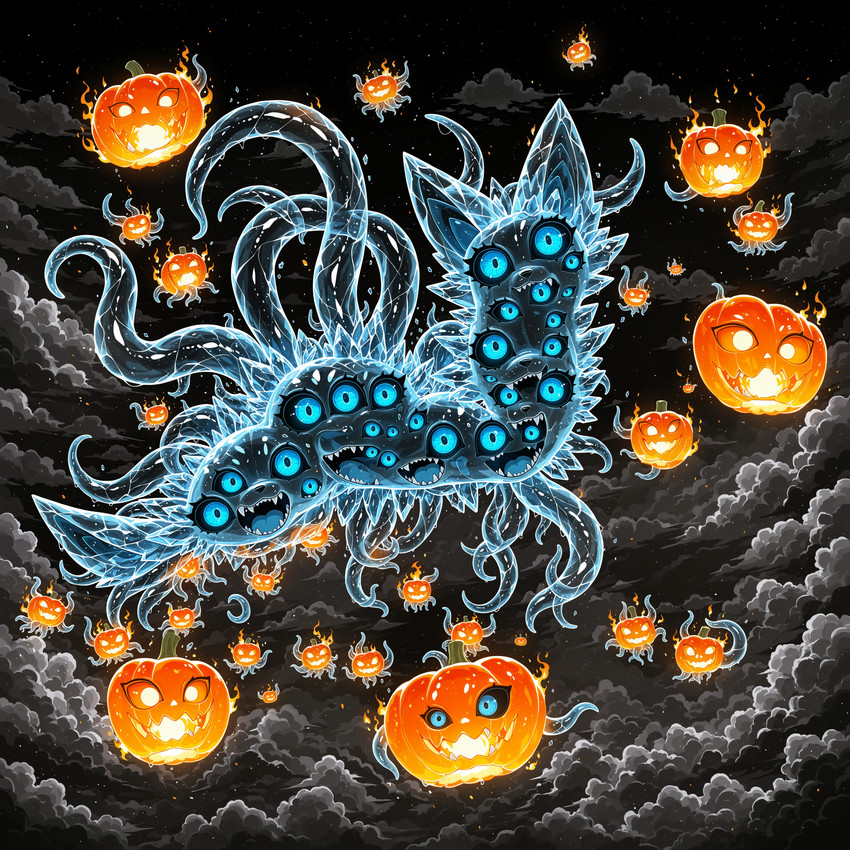 black_sclera black_sky blue_eyes fire floating food fruit horror_(theme) multi_eye plant pumpkin teeth tentacles icefoxai canid canine food_creature fox mammal monster absurd_res hi_res