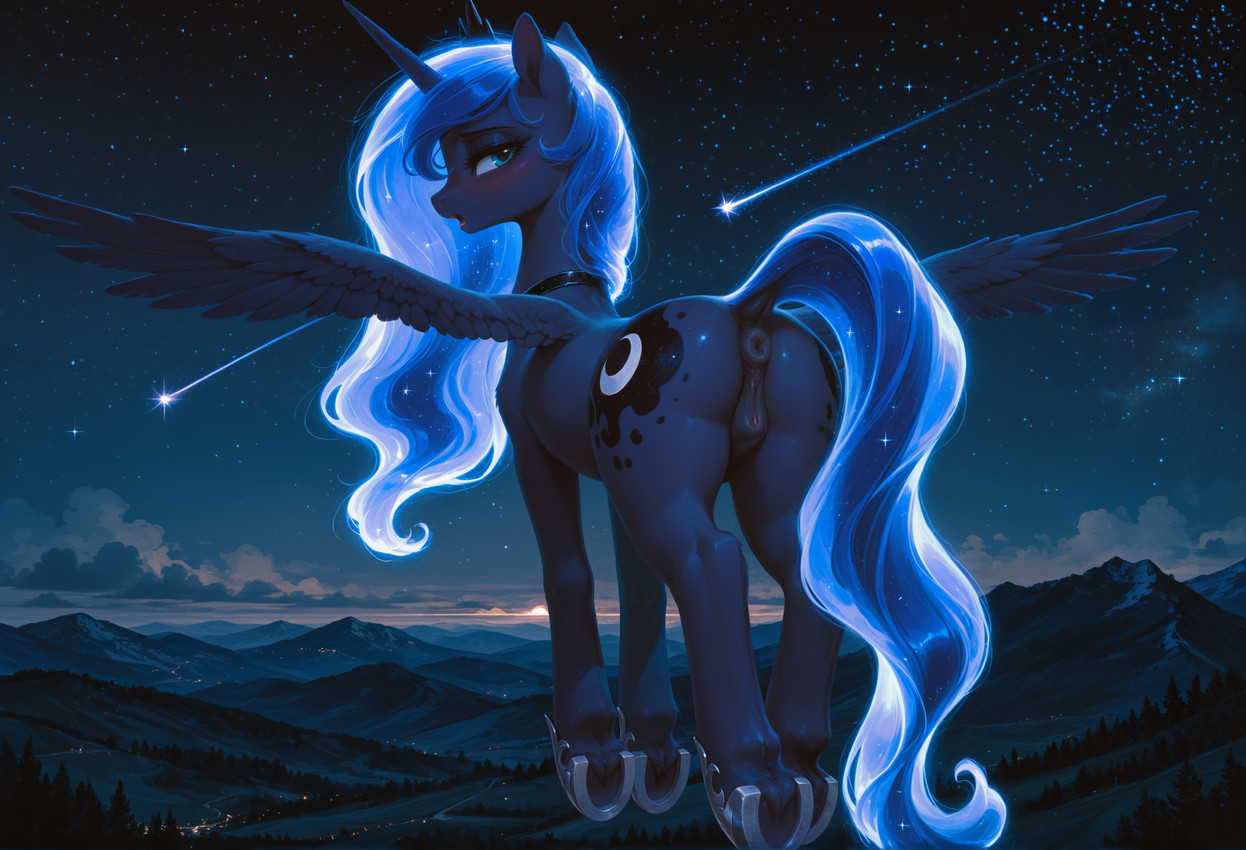 animal_genitalia animal_pussy anus blue_body blue_feathers blue_fur blue_hair cloud cutie_mark detailed_background dock_(anatomy) equine_anus equine_pussy ethereal_hair ethereal_tail evergreen_tree feathers female feral flying forest fur genitals hair hooves horn horseshoe mountains night pine_tree plant pussy shooting_star sky solo spread_wings star starry_sky teal_eyes tree wings tamrad friendship_is_magic my_little_pony princess_luna_(mlp) equid equine mammal winged_unicorn hi_res