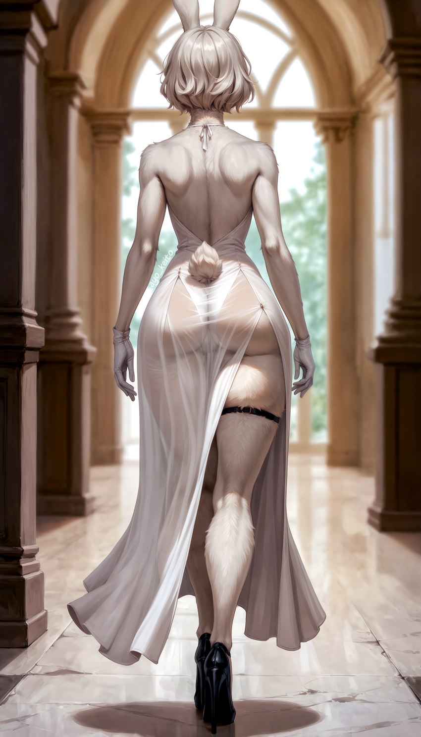 anthro butt clothing dress faceless_character female floor footwear fur gloves hair handwear high_heels inside looking_away panties rear_view solo thigh_strap tile tile_floor translucent translucent_clothing underwear walking white_body white_clothing white_dress white_fur white_hair ayo_keito lagomorph leporid mammal rabbit absurd_res hi_res