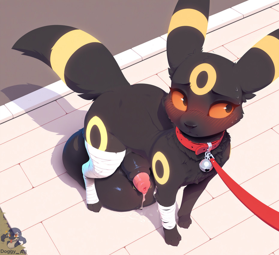anatomically_correct anatomically_correct_genitalia animal_genitalia animal_penis balls bell bell_collar big_balls big_penis big_sheath bodily_fluids canine_genitalia canine_penis collar feral fur genital_fluids genitals huge_balls hyper hyper_balls hyper_genitalia leash looking_away male penis penis_tip precum sheath shy sidewalk solo doggyai nintendo pokemon eeveelution generation_2_pokemon pokemon_(species) umbreon hi_res