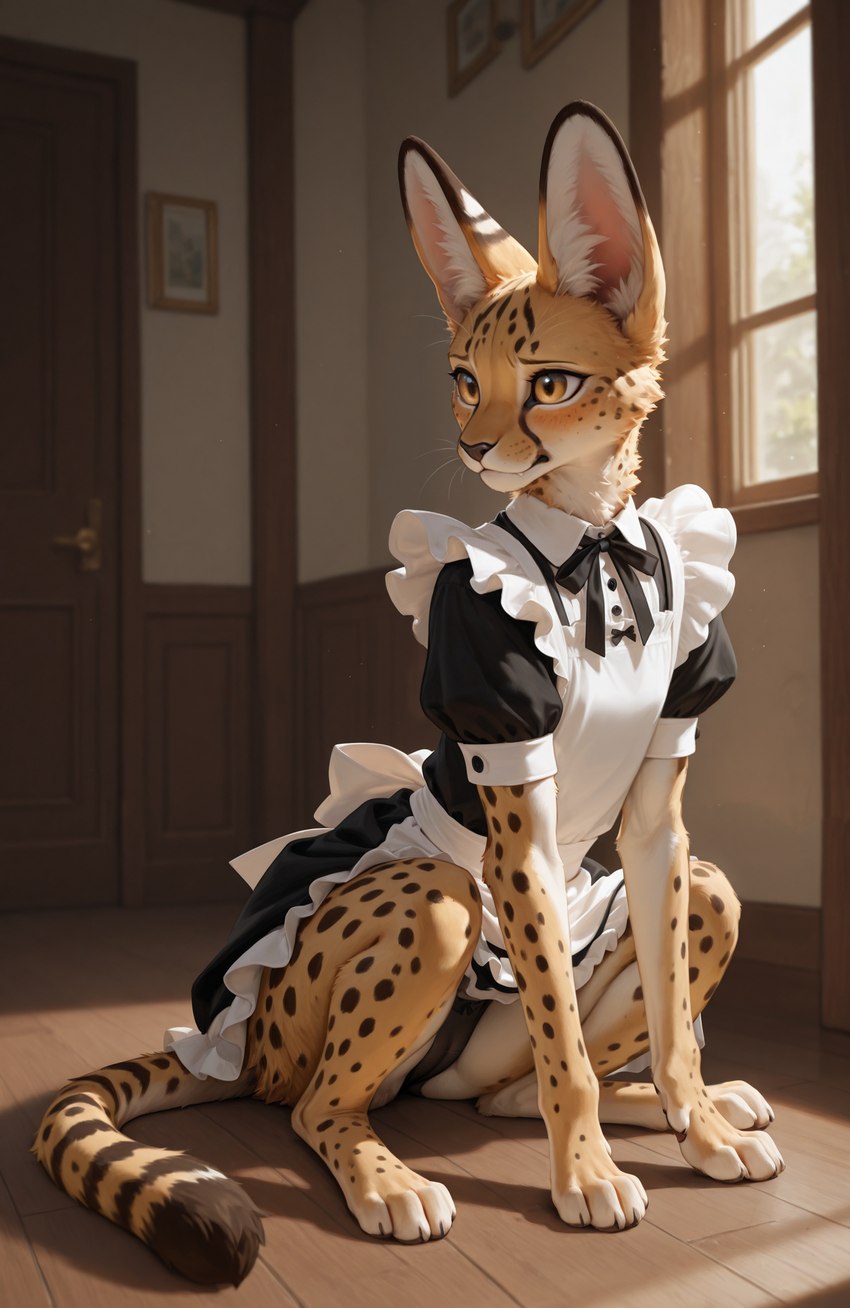 black_clothing black_panties black_underwear blush bow_ribbon camel_toe clothed clothed_feral clothing cute_fangs detailed_fur digitigrade female feral inner_ear_fluff inside light maid_uniform panties sitting_on_ground solo sunlight tuft underwear uniform degenstoic felid feline mammal serval detailed hi_res