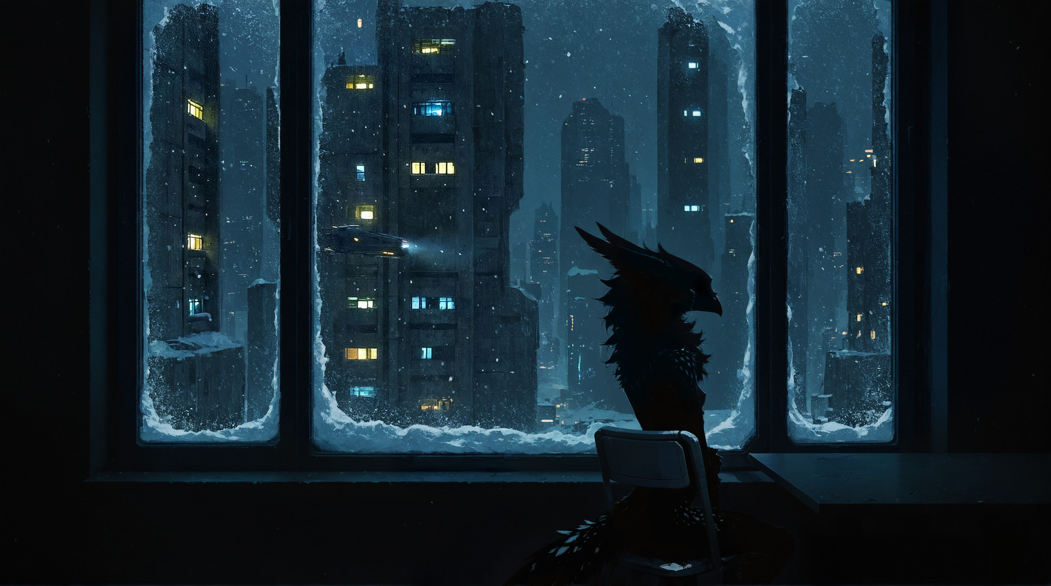 amazing_background anthro beak black_body black_fur bodily_fluids breasts chair city cityscape concrete detailed_background female fluffy fur furniture futuristic inside lights neck_tuft night nude nude_female rear_view silhouette sitting skyscraper slim small_breasts snow solo spots spotted_body spotted_fur table tears tuft winter oldhroft shadow_(oldhroft) avian velari dark_theme hi_res wallpaper