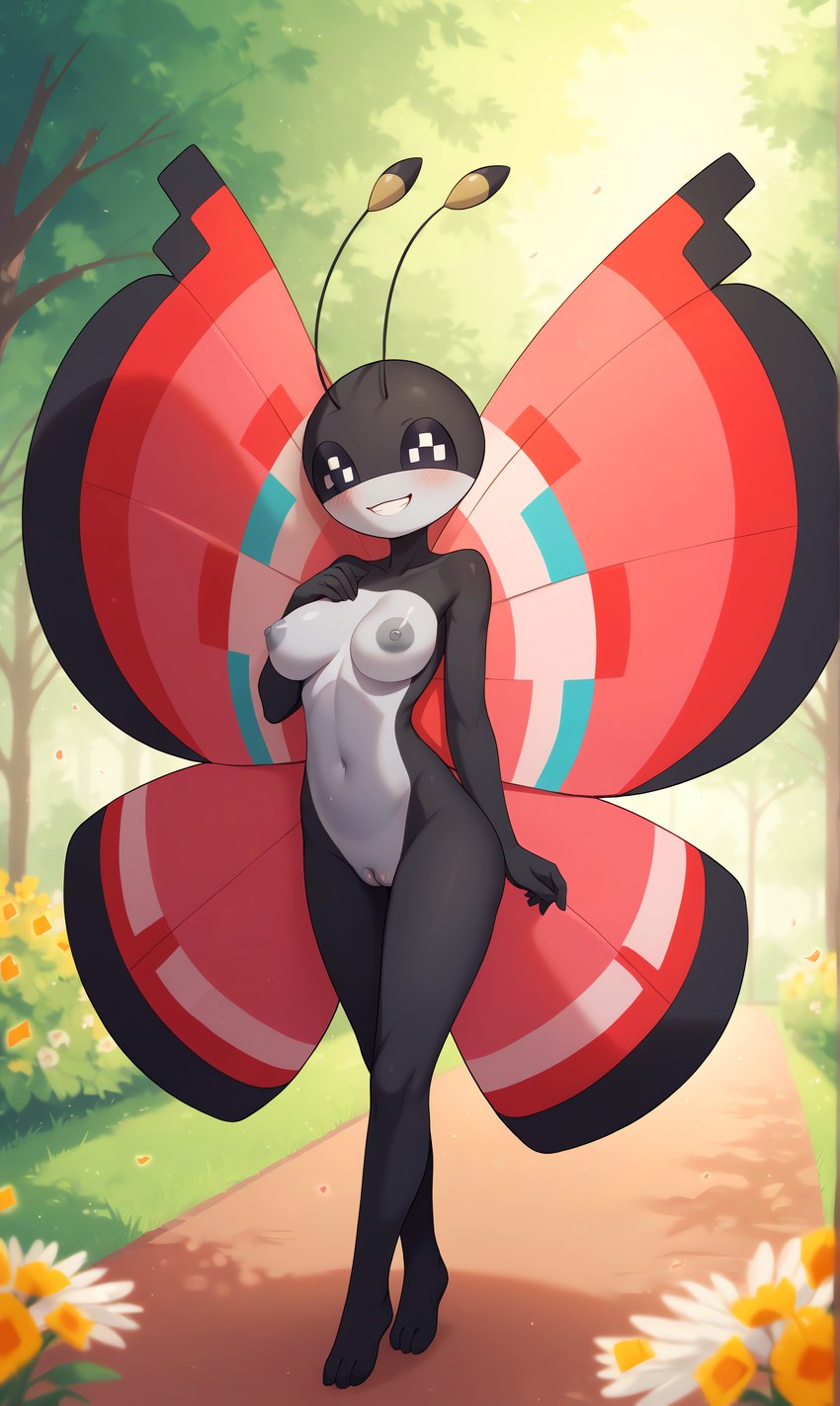 anthro blush breasts female genitals medium_breasts pussy shy solo wings gobabsnow nintendo pokemon generation_6_pokemon pokemon_(species) vivillon invalid_tag absurd_res hi_res