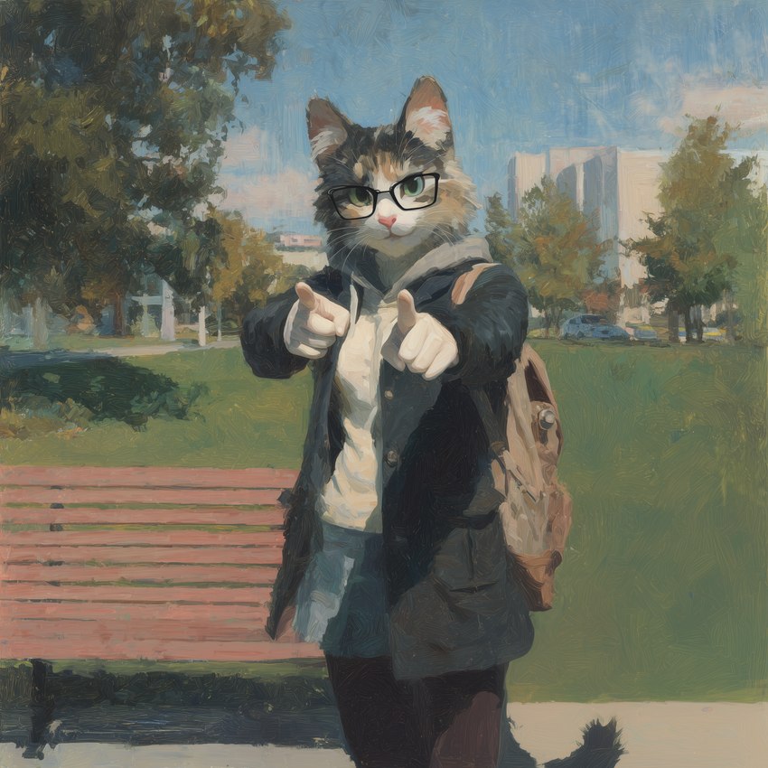 5_fingers anthro backpack bench bottomwear building clothing detailed_background eyewear female fingers fur gesture glasses grass green_eyes hoodie inner_ear_fluff jacket leggings legwear looking_at_viewer pink_nose plant pointing pointing_at_viewer skirt solo standing tail topwear tree tuft whiskers sappy_(director) domestic_cat felid feline felis mammal hi_res oil_painting_(artwork) painting_(artwork) traditional_media_(artwork)