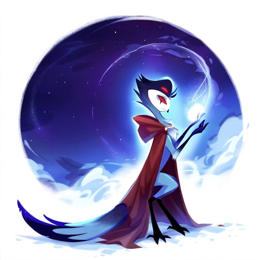 feathers fur hooded_cloak magic mystical nebula sky solo star starry_sky tail_feathers forsaken stolas_(helluva_boss) avian bird owl