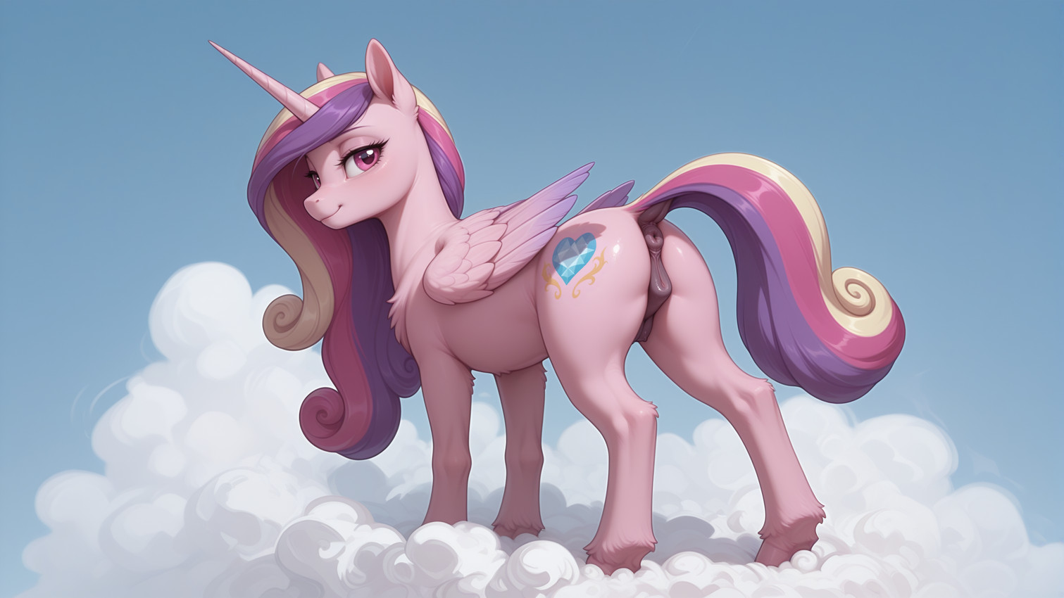 animal_genitalia animal_pussy anus cloud dock_(anatomy) equine_anus equine_pussy feathered_wings feathers female feral fur genitals hair horn looking_at_viewer looking_back looking_back_at_viewer multicolored_hair multicolored_tail pink_body pink_eyes pink_fur pussy raised_tail solo standing tail teats wings truekry friendship_is_magic my_little_pony princess_cadance_(mlp) equid equine mammal winged_unicorn hi_res