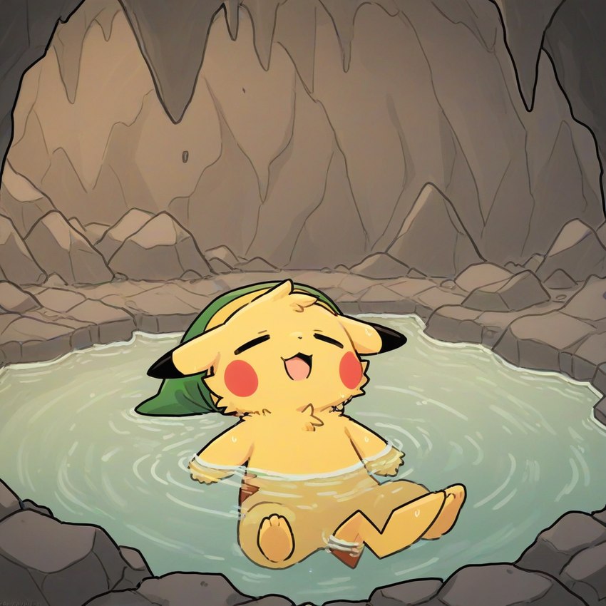 cave clothing eyes_closed fur hat headgear headwear hot_spring male onsen open_mouth open_smile partially_submerged rock semi-anthro smile solo water wet wet_body anonymous_director nintendo pokemon the_legend_of_zelda link generation_1_pokemon pikachu pokemon_(species)