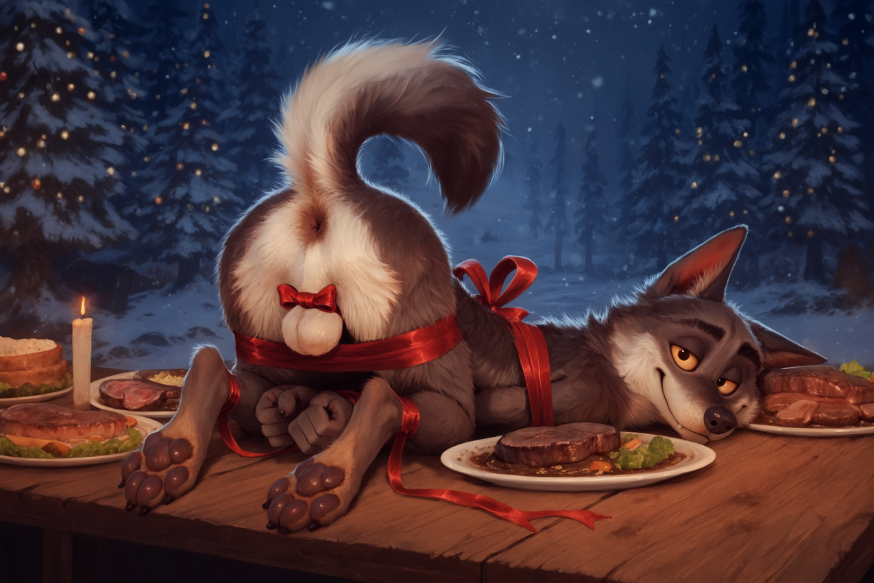 4_fingers 4_toes anthro anus ass_up balls balls_bow bow_ribbon butt candle christmas evergreen_tree feast feet fingers food fur furniture genitals gift_wrapped looking_at_viewer looking_back looking_back_at_viewer male paws pine_tree plant presenting presenting_hindquarters smile snow snow_on_branches snow_on_ground solo table toes tree sysns the_first_wolf_(unloved) canid canine canis mammal wolf hi_res