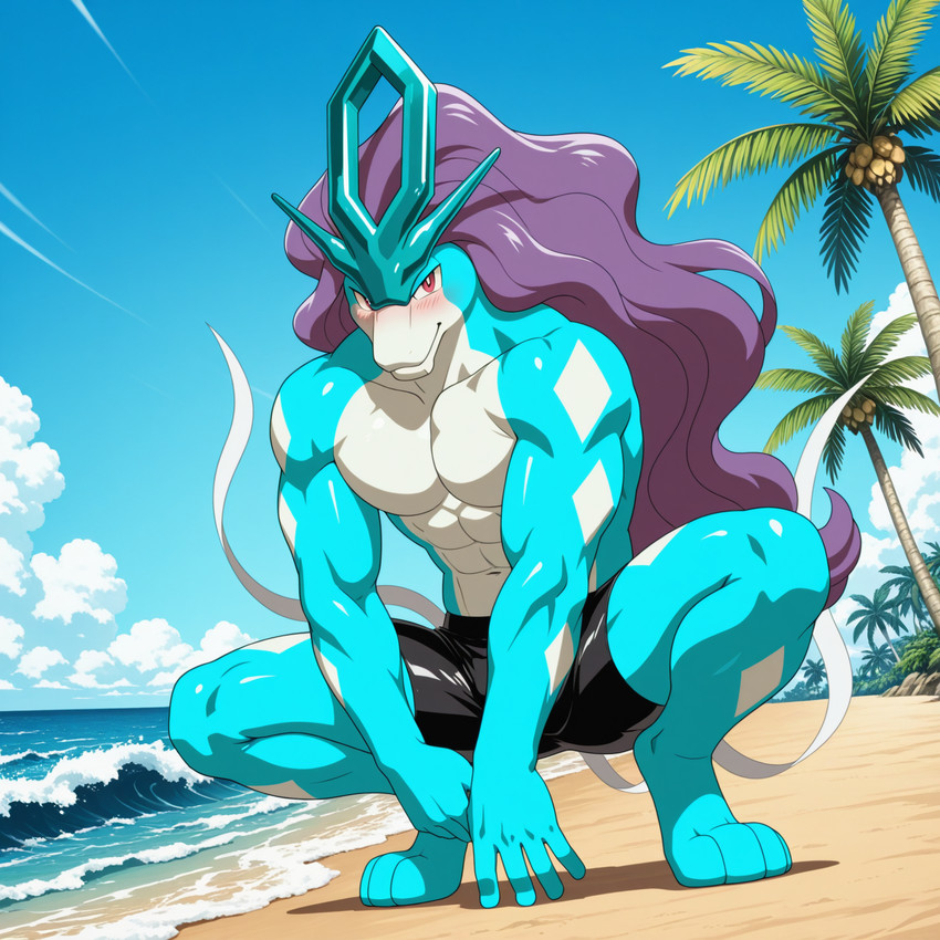 3_toes anthro beach_background black_clothing black_swimwear blush clothing cloud crouching digitaljackal feet hair long_hair looking_at_viewer male muscular palm_tree plant purple_hair red_eyes sky smile solo swimwear toes tree nintendo pokemon generation_2_pokemon legendary_pokemon pokemon_(species) suicune hi_res