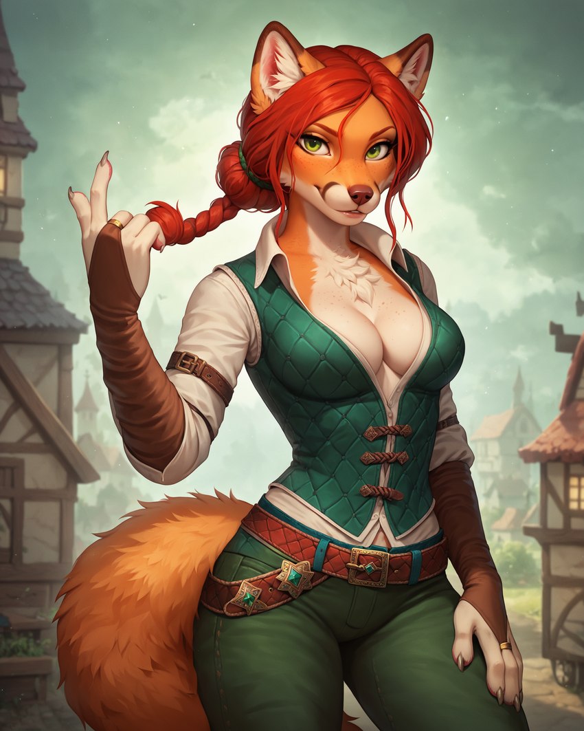 alternate_species anthro armwear belt bottomwear breasts bridal_gauntlets chest_tuft claws cleavage clothed clothing female fur furrification green_eyes hair hair_bun looking_at_viewer medium_breasts orange_body orange_fur pants red_hair short_hair solo topwear town tuft vest sagrael triss_merigold canid canine fox mammal absurd_res hi_res