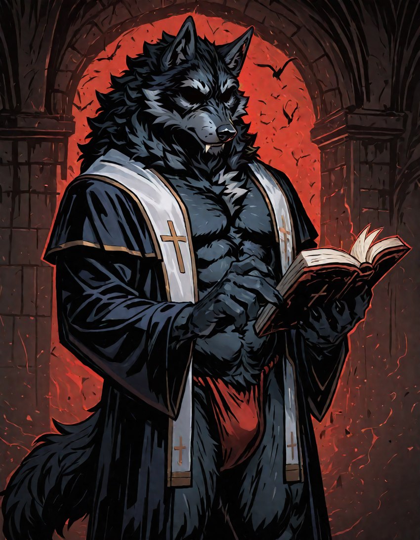 anthro asian_clothing black_body black_fur book clothing cross east_asian_clothing eyeless fundoshi fur indigofurrymix_xl_(model) japanese_clothing male priest solo standing underwear darkest_dungeon canid canine canis mammal wolf hi_res