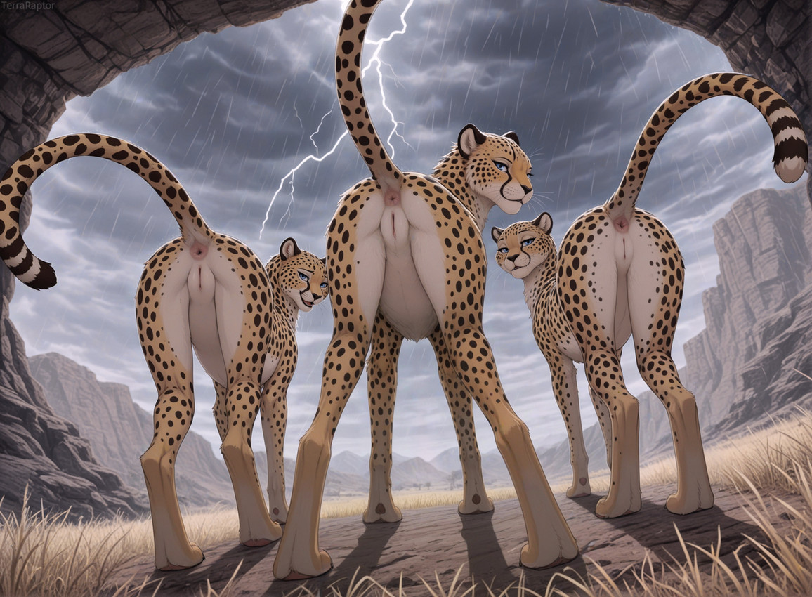 anus bedroom_eyes blue_eyes butt cloud female feral genitals group lightning looking_at_viewer looking_back looking_back_at_viewer low-angle_view narrowed_eyes presenting presenting_pussy pussy quadruped raining raised_tail rear_view savanna seductive smile storm take_your_pick trio terraraptor cheetah felid feline mammal
