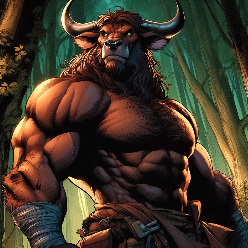 2024 2_horns abs anthro arm_wraps beard biceps big_abs big_biceps big_deltoids big_forearm_muscles big_muscles big_pecs big_triceps biped black_nose black_pupils body_hair bottomwear bovid_horn bovine_horn broad_shoulders brown_beard brown_body brown_bottomwear brown_clothing brown_ears brown_facial_hair brown_fur brown_hair brown_mane bull_horn chest_hair clothed clothed_anthro clothed_male clothing dall-e_3 day deltoids detailed_background ears_aside facial_hair forearm_muscles forest forest_background front_view fur green_eyes hair head_horn horn huge_biceps huge_deltoids huge_forearm_muscles huge_muscles huge_triceps leaf light looking_aside male mane manly mature_anthro mature_male monotone_body monotone_fur mouth_closed muscular muscular_anthro muscular_arms muscular_male nature nature_background obliques pecs pink_inner_ear plant pupils serratus snout solo standing three-quarter_view topless topless_anthro topless_male trapezius tree triceps white_horn wraps wrist_wraps zenithwolf bovid bovine cattle mammal minotaur 1:1 detailed digital_drawing_(artwork) digital_media_(artwork) half-length_portrait hatching_(art) hi_res lighting portrait shaded