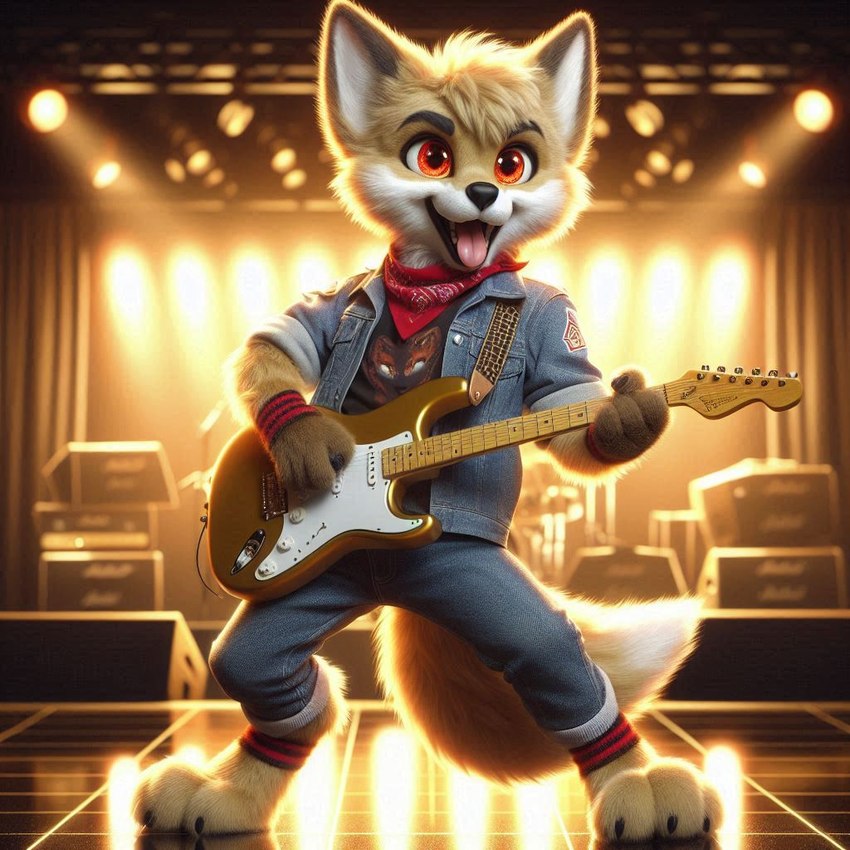 ambiguous_gender anthro bandanna black_nose bottomwear ceiling_lights chibi clothing dall-e_3 denim denim_clothing denim_jacket fur guitar holding_object jeans kerchief musical_instrument open_mouth pants plucked_string_instrument red_eyes rock_(genre) shirt solo speaker spotlight stage string_instrument tongue tongue_out topwear yellow_body yellow_fur goldanthrowolf canid canine canis mammal wolf invalid_tag