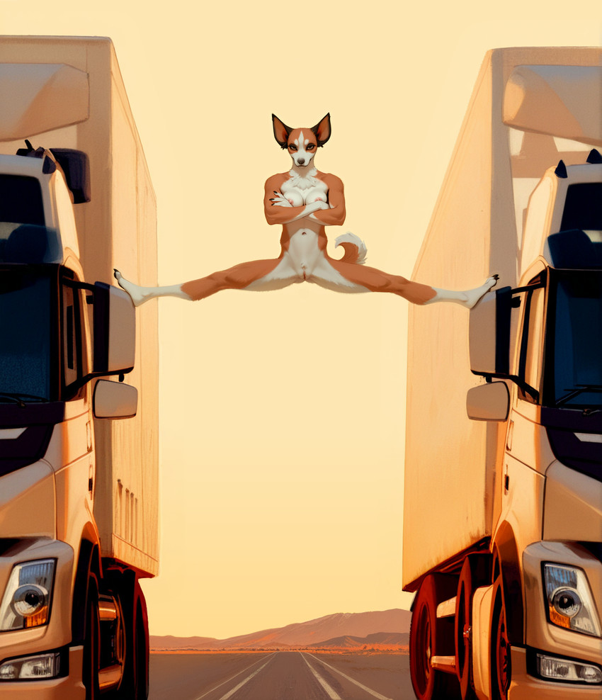 anthro areola biped black_claws breast_squish breasts claws crossed_arms desert detailed_background feet female flexible fur genitals groin_tuft looking_at_viewer medium_breasts multicolored_body multicolored_fur navel nipples nude outdoor_nudity outside pose pussy road sky smile solo splits spread_legs spreading squish tail truck_(vehicle) vehicle white_body white_fur soloko canid canine canis chihuahua domestic_dog mammal toy_dog digital_media_(artwork) hi_res