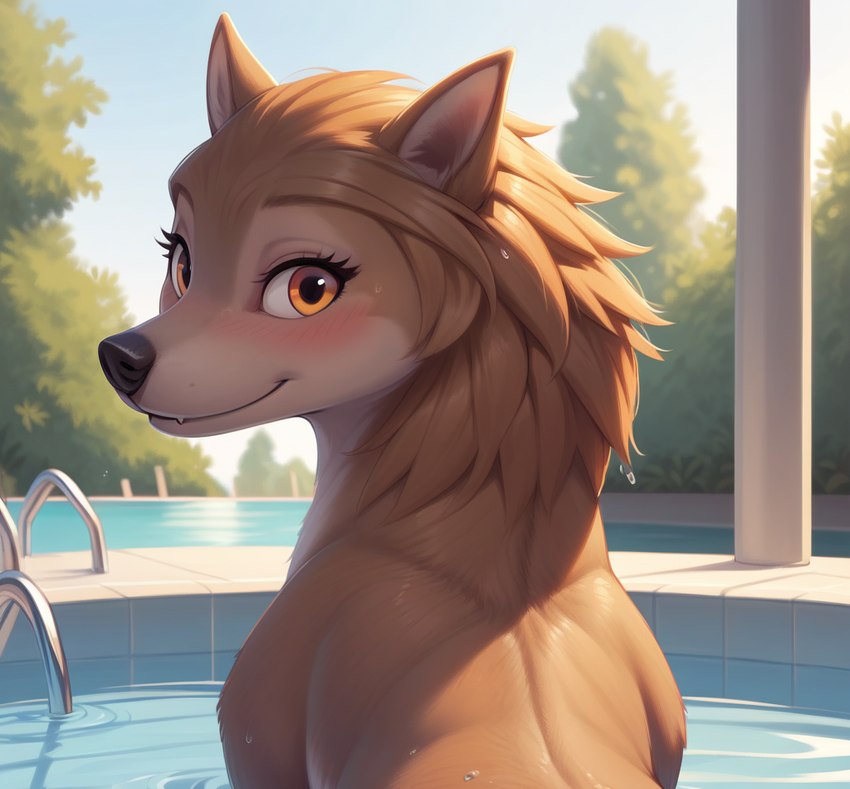 blush female feral fur looking_at_viewer looking_back looking_back_at_viewer solo swimming_pool water wet wet_body foxlover7796 alpha_and_omega kate_(alpha_and_omega) canid canine canis mammal wolf