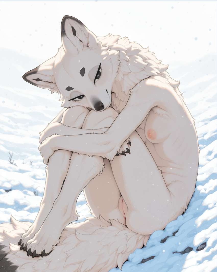 4_toes anthro anus areola bedroom_eyes bent_legs biped black_claws black_eyes black_markings black_nose black_pawpads breasts butt cheek_tuft claws day detailed_background digitigrade dipstick_ears dipstick_tail ear_markings eyebrows eyelashes facial_markings facial_tuft feet female female_anthro finger_claws fingers fluffy fluffy_tail fur genitals half-closed_eyes happy head_markings hindpaw holding_both_legs holding_leg humanoid_genitalia humanoid_pussy inner_ear_fluff innie_pussy light looking_at_viewer markings monotone_body monotone_fur monotone_genitals mouth_closed multicolored_ears multicolored_tail narrowed_eyes neck_tuft nipples nude nude_anthro nude_female outside pawpads paws pink_areola pink_genitals pink_nipples pink_pussy presenting presenting_pussy pussy seductive sitting slim slim_anthro small_breasts smile smiling_at_viewer snout snow snowing solo tail tail_markings three-quarter_view toe_claws toes tuft white_body white_breasts white_feet white_fur white_inner_ear white_tail white_tuft winter burioth arctic_fox canid canine canis fox mammal true_fox absurd_res detailed digital_drawing_(artwork) digital_media_(artwork) full-length_portrait hi_res portrait shaded