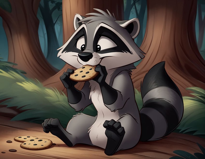 black_eyes cookie eating feral food forest fur grey_body grey_fur male no_irises plant sitting_on_ground solo tree otterball meeko mammal procyonid raccoon tail hi_res