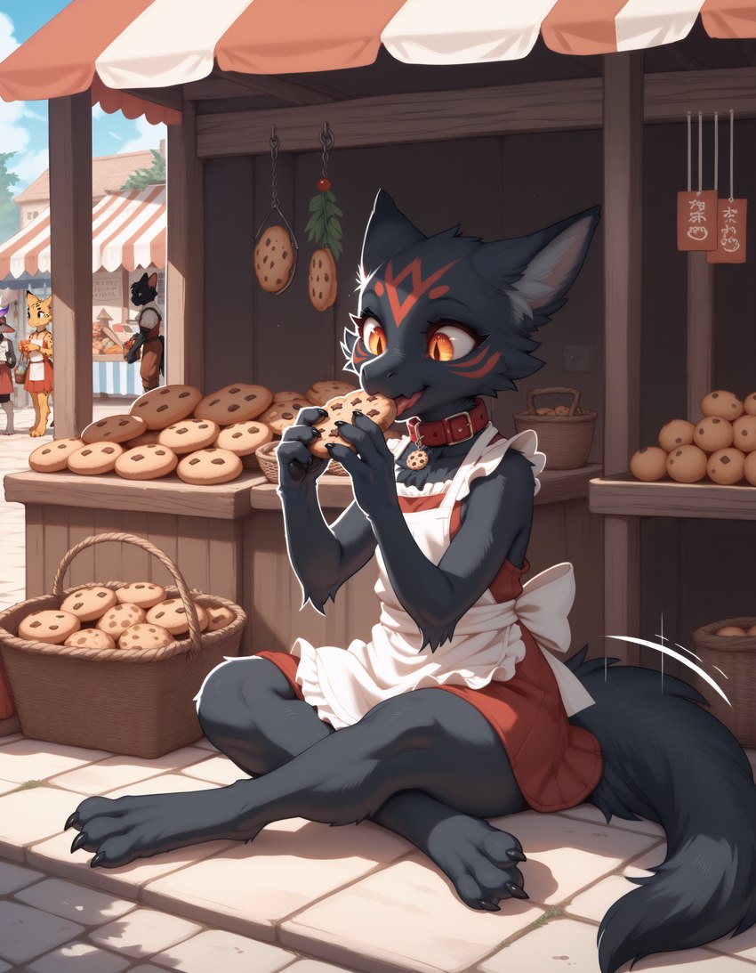 4_fingers 4_toes ambiguous_gender anthro apron barefoot bell bell_collar biped black_body black_fur bread breasts claws clothed clothing collar container cookie crossed_legs day detailed_background digitigrade dress eating feet female female_anthro fingers food fur grey_body grey_fur group holding_object kemono market markings orange_eyes outside paws plant sitting sky smile solo solo_focus text toe_claws toes tongue tongue_out tuft yellow_eyes anotheranon cookie_(anotheranon) canid canine canis furred_kobold kobold mammal scalie absurd_res hi_res shaded