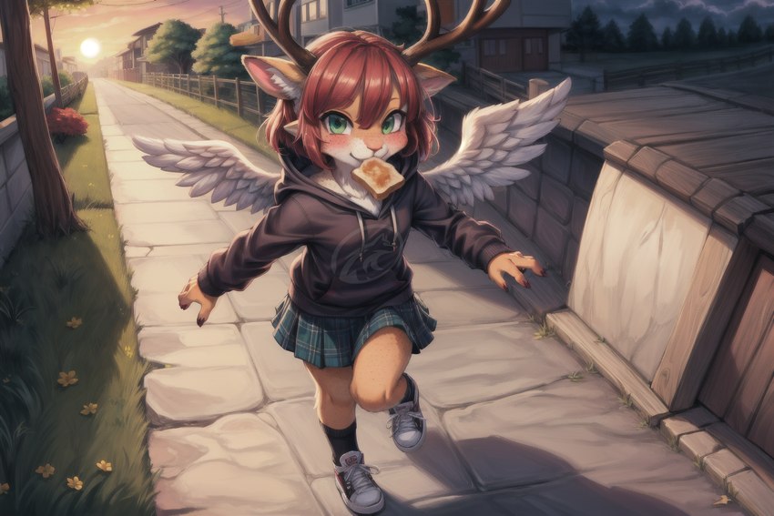 4_ears anthro antlers black_clothing black_footwear black_socks bottomwear bread clothing feathered_wings feathers female flower food footwear grass green_eyes hair hoodie horn multi_ear pattern_bottomwear pattern_clothing pattern_skirt plaid plaid_bottomwear plaid_clothing plaid_skirt plant red_hair shoes sidewalk skirt socks sunrise sunset toast toast_in_mouth topwear wings young young_female aecii_3d rubi_(character) chimera