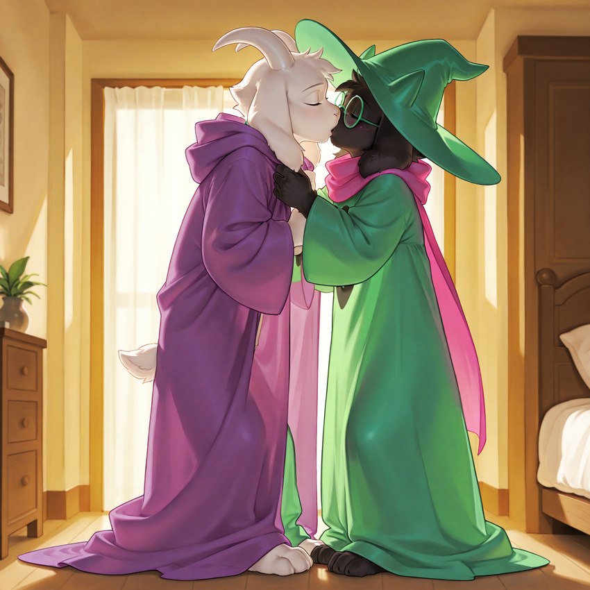 anthro bed clothing duo eyes_closed furniture hat headgear headwear inside kissing male male/male translucent translucent_clothing hopelessfurryromantic deltarune undertale_(series) asriel_dreemurr ralsei hi_res