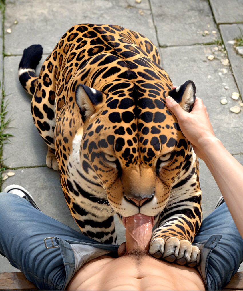 4_toes abs ambiguous_gender bench bestiality black_pawpads bodily_fluids bottomwear clothed clothing denim denim_clothing duo erection feet fellatio feral feral_penetrated first_person_view footwear genitals grass human_on_feral human_penetrating human_penetrating_feral interspecies jeans looking_at_viewer male male/ambiguous navel open_bottomwear open_clothing open_pants oral outside pants pawpads paws penetration penile penis penis_in_mouth petting pink_nose plant pubes saliva sex shoes sitting stone_floor toes tongue vein veiny_penis whiskers yellow_eyes drla felid human jaguar mammal pantherine absurd_res hi_res