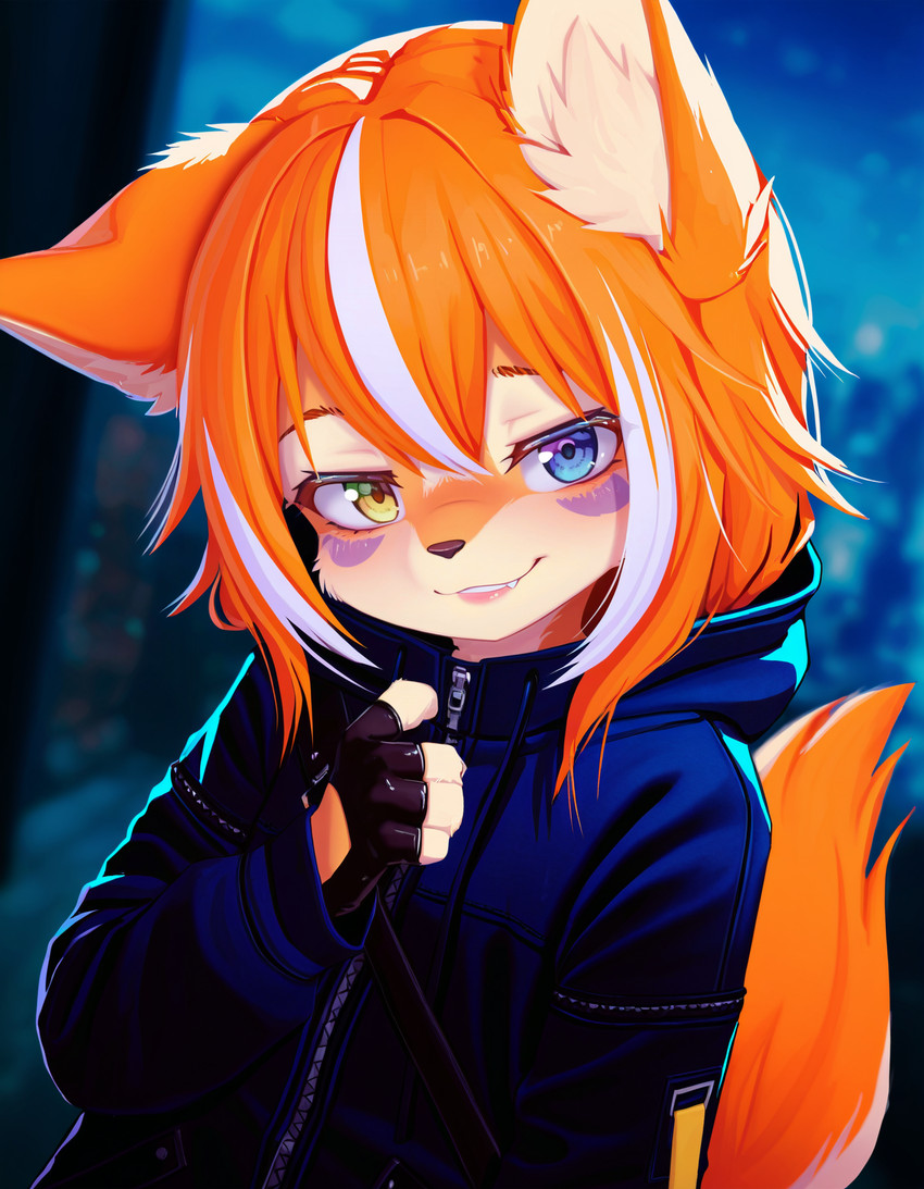 anthro blue_eyes clothing eyebrows facial_markings female fingerless_gloves gloves hair handwear head_markings heterochromia hood jacket markings multicolored_hair orange_body solo topwear yellow_eyes zipper professor_harkness_(director) kaori_lupine canid canine canis mammal wolf hi_res