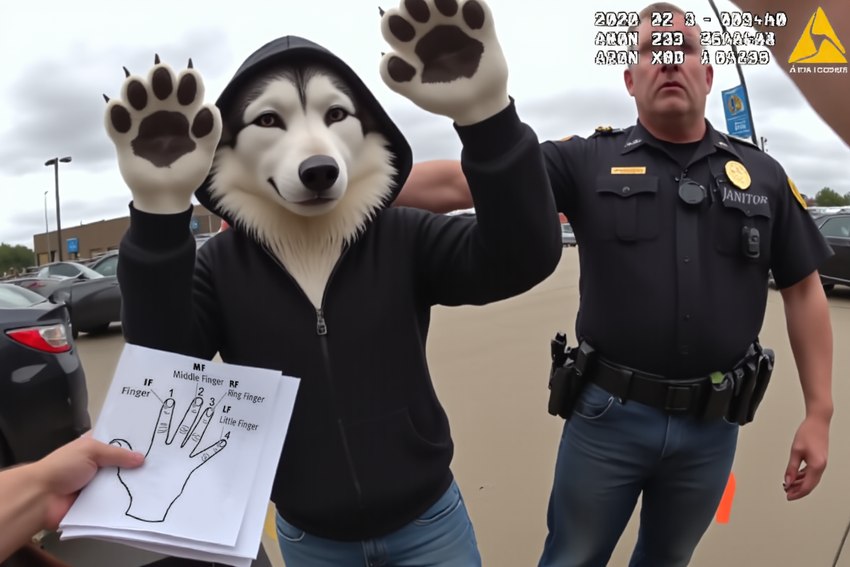 5_fingers anthro arms_above_head bottomwear car clothed clothing denim denim_clothing fingers fur group holding_object hoodie human_pov humor jeans male pants pawpads photorealism photorealistic police police_uniform realistic street topwear uniform vehicle white_body white_fur hummuna canid canine canis human humanoid mammal wolf meme