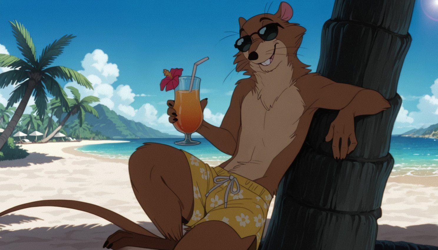 4_fingers anthro beach beverage clothing covered_eyes don_bluth eyewear fingers flower leaning male outside palm_tree plant sea seaside semi-anthro shirtless shirtless_male sitting sky smile solo sunglasses swimming_trunks swimwear tree water aksel the_secret_of_nimh justin_(nimh) mammal murid murine rat rodent hi_res