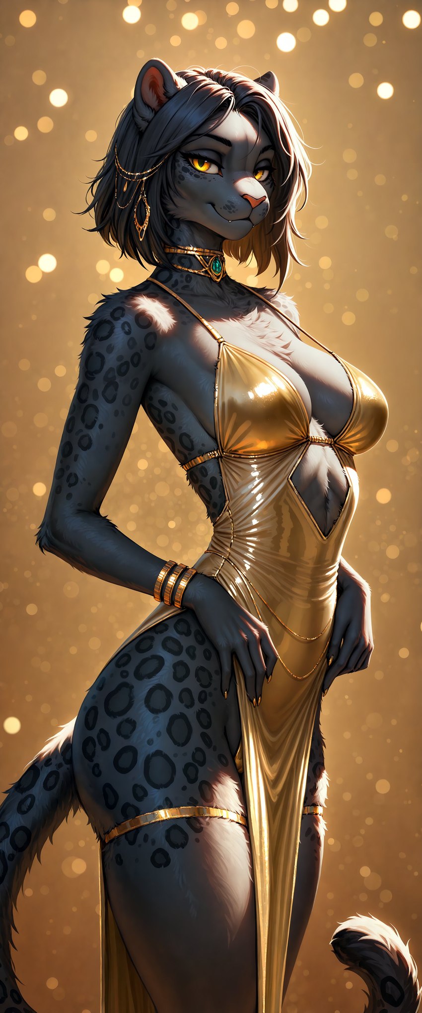 abstract_background anthro armband black_body black_fur black_hair breasts claws clothing collar cutout female fur gem gold_(metal) gold_dress gold_jewelry hair jewelry legband looking_at_viewer medium_breasts mouth_closed panties simple_background solo spots spotted_body spotted_fur standing thighband underwear yellow_background yellow_eyes ayo_keito felid mammal pantherine absurd_res hi_res