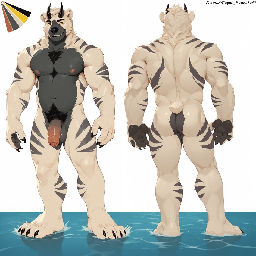 anthro balls butt claws genitals horn male muscular muscular_anthro muscular_arms muscular_legs muscular_male muscular_thighs nipples paws penis reference_image smile solo standing striped_body stripes vein veiny_penis mugen_kuuhakuai ben_blanco mammal ursid absurd_res hi_res model_sheet