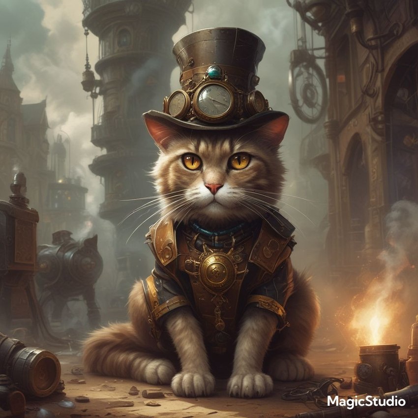 4_toes amber_eyes armor brown_body brown_fur building clock clothing feet feral fire fur hat headgear headwear male morning multicolored_body multicolored_fur outside red_nose sitting smoke solo steampunk toes top_hat whiskers cow_of_fire domestic_cat felid feline felis mammal tail 1:1