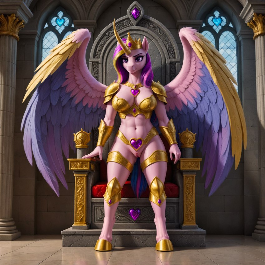 anthro breasts chair female fur furniture genitals gold_(metal) gold_jewelry horn jewelry palace pink_body pink_fur pussy solo standing throne wings vermilion888 princess_cadance_(mlp) equid equine mammal winged_unicorn absurd_res hi_res