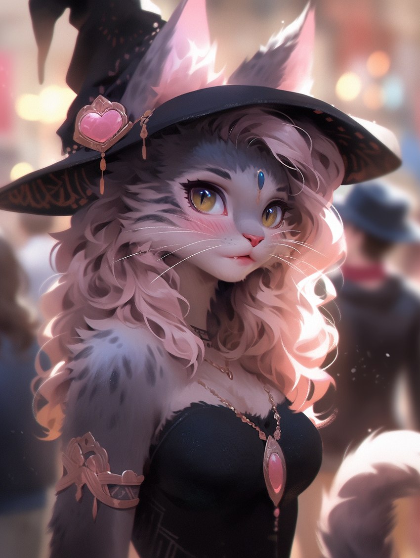 amber_eyes anthro armlet blurred_background blush bokeh breasts clothing countershading dress eyebrows eyelashes female hair hat headgear headwear jewelry necklace pink_hair pink_nose solo whiskers witch_hat sappy_(director) felid feline mammal hi_res