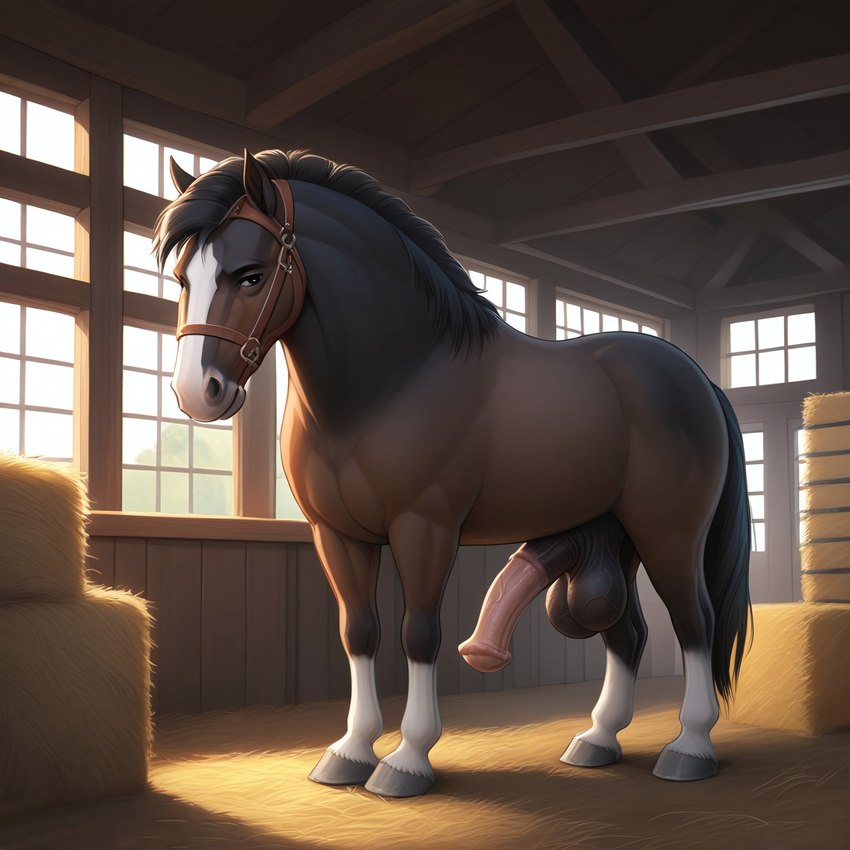 anatomically_correct anatomically_correct_genitalia anatomically_correct_penis animal_genitalia animal_penis balls barn big_balls big_penis black_balls black_body black_fur black_mane bridle brown_body brown_fur detailed_background equine_genitalia equine_penis erection eyebrows feral flared_penis fur genitals half-erect hay hooves huge_penis inside looking_at_viewer male mane medial_ring nude_male penis pink_penis quadruped saggy_balls solo stable vein veiny_balls veiny_penis white_body window bela987 draft_horse equid equine horse mammal hi_res