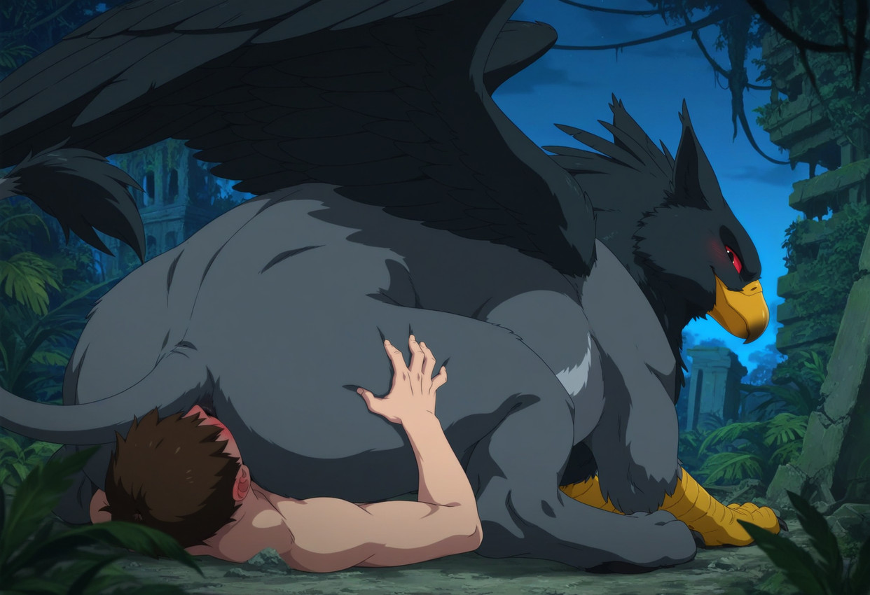 ambiguous_gender anal anus beak bestiality big_butt black_body black_fur blush brown_hair butt butt_grab butt_sniffing claws detailed_background dominant dominant_feral duo facesitting feathered_wings feathers feet feral forest fur grey_body grey_feathers grey_fur hair hand_on_butt human_on_feral interspecies jungle larger_ambiguous larger_feral looking_back lying male male/ambiguous male_on_feral mythology night nose_to_anus nude on_back on_top oral outside plant red_eyes red_sclera rimming ruins sex sitting_on_another size_difference smaller_human smaller_male sniffing tail tree vines wings tempting_(director) avian gryphon human mammal mythological_avian mythological_creature hi_res