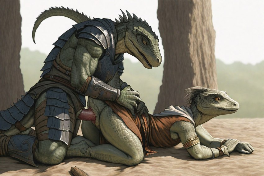 animal_genitalia anthro cloaca cloacal cloacal_penetration cloacal_penis clothed clothing duo female from_behind_position genitals male male/female partially_clothed penetration raised_tail sex side_view hyperion lizard lizardman reptile scalie