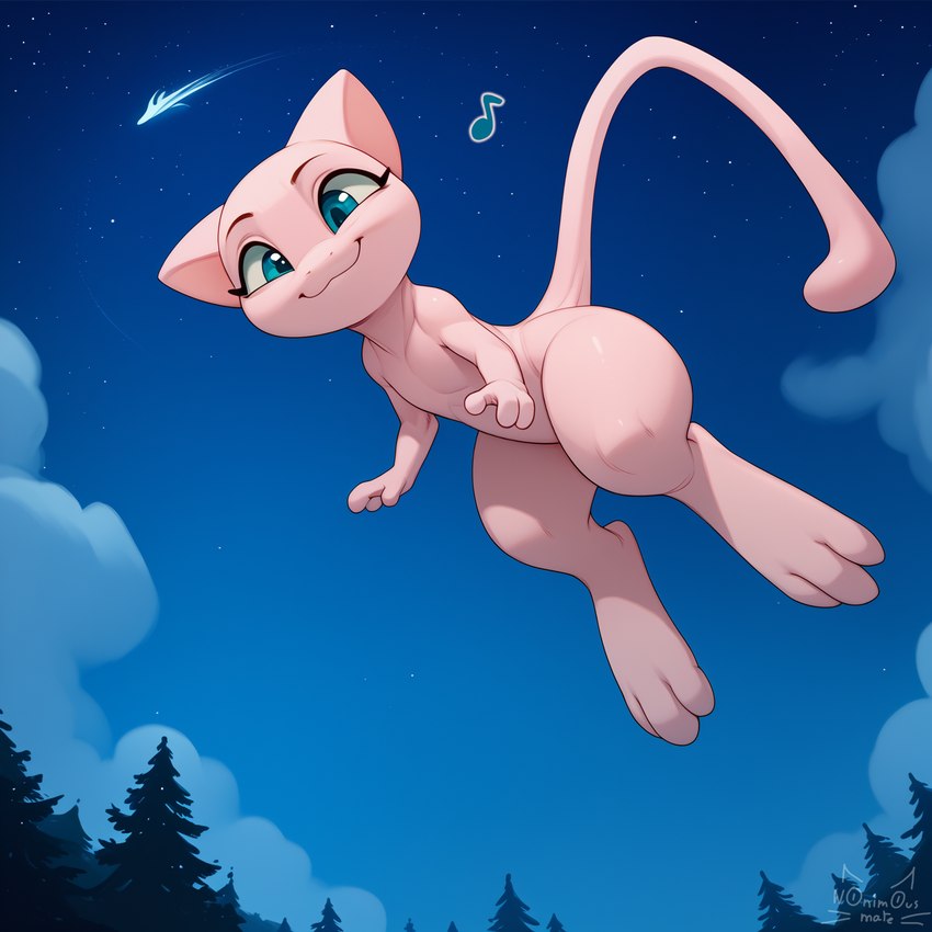 ambiguous_gender anthro blue_eyes cat_smile flying happy low-angle_view night night_sky pink_body solo nonimousmate legendary_pokemon mew pokemon_(species) hi_res