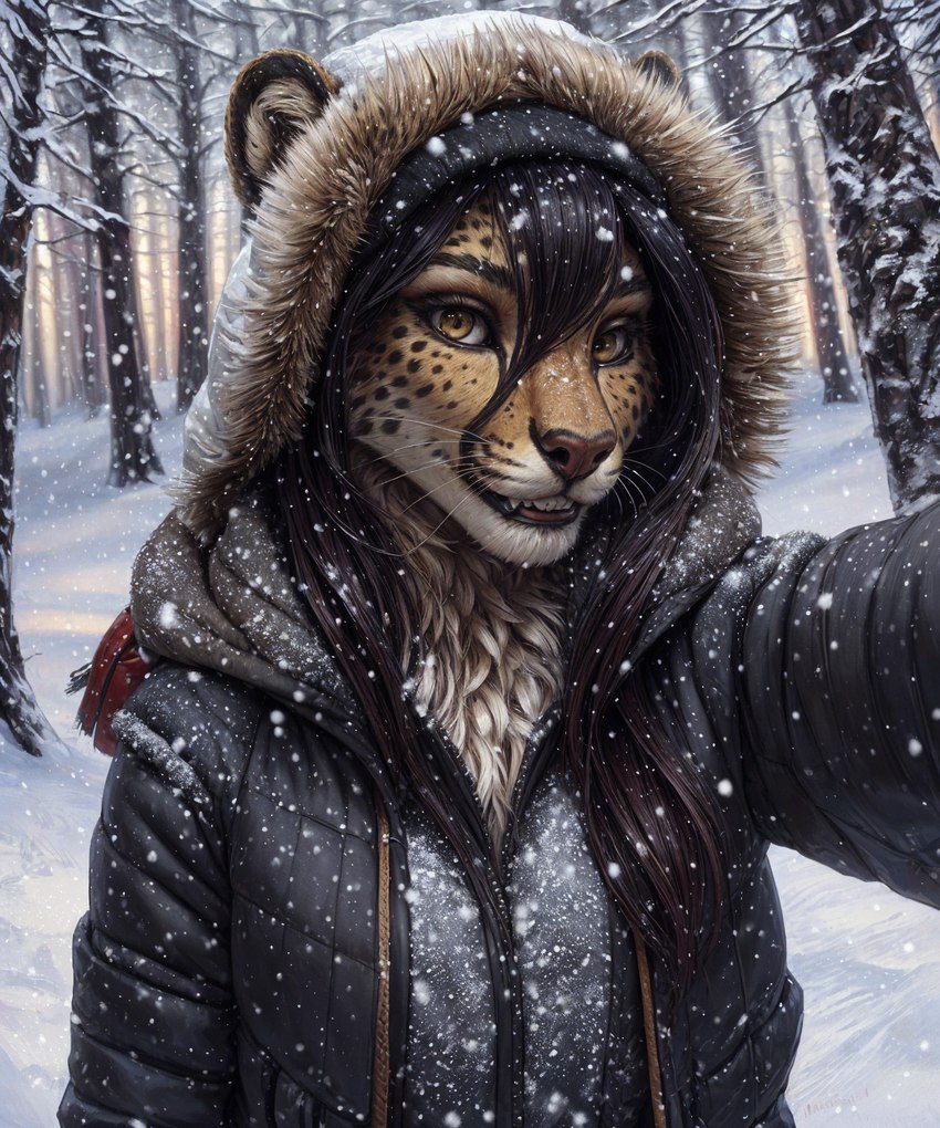 anthro black_hair clothing female forest fur hair hat headgear headwear hood jacket nose orange_body orange_fur plant snow solo sweater teeth topwear tree winter yellow_eyes cheetah felid feline mammal hi_res