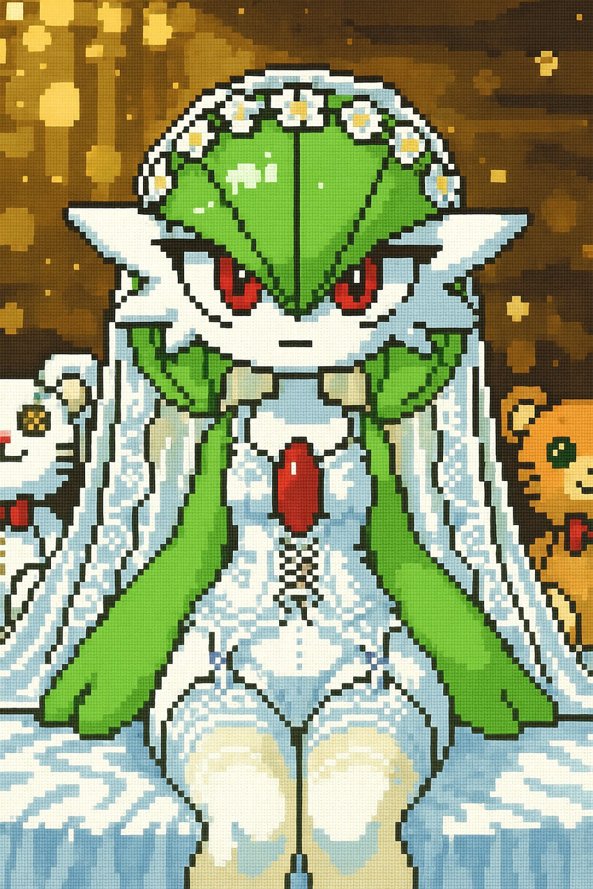 anthro bedding bowtie bride clothing corset dress female flower flower_on_head front_view green_body legwear lingerie looking_at_viewer plant plushie red_eyes sitting solo straps thigh_highs topwear toy veil wedding_dress wedding_veil white_body wide_hips pixeldreamyai nintendo pokemon gardevoir generation_3_pokemon pokemon_(species) digital_media_(artwork) hi_res pixel_(artwork)