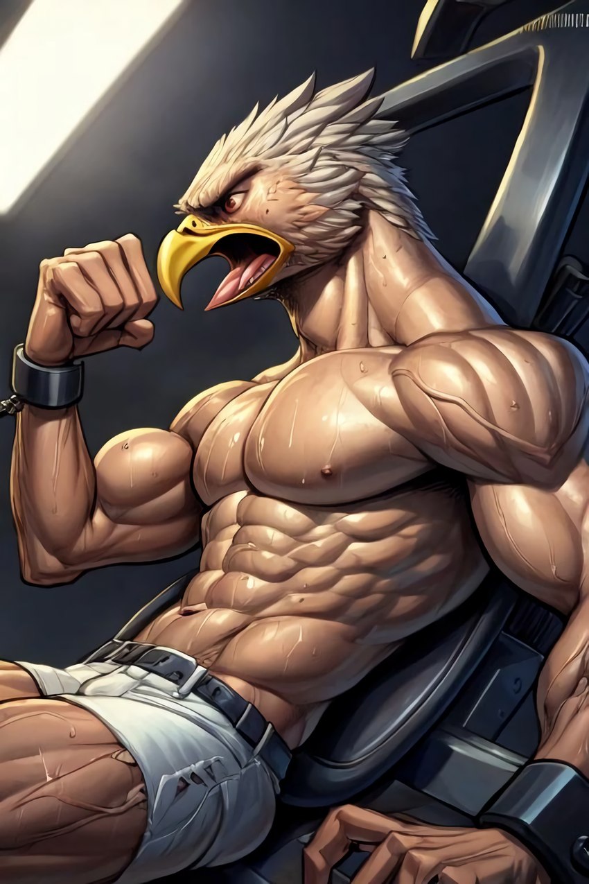 abs anthro athletic bdsm beak biceps bodily_fluids bondage bound cuff_(restraint) growth laboratory male muscle_growth muscular muscular_anthro muscular_male pain pecs restraints screaming solo sweat sweating_profusely test_subject birdovo accipitrid accipitriform avian bird eagle hi_res