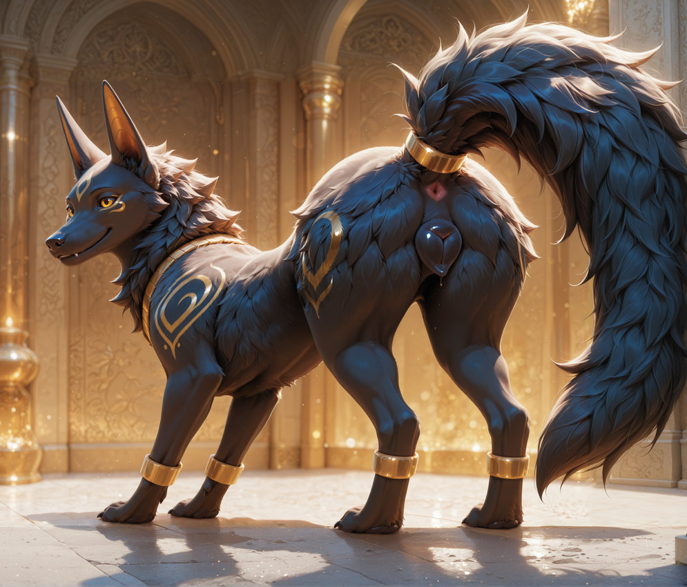 accessory animal_genitalia animal_pussy anus black_body black_fur canine_genitalia canine_pussy dewclaw female feral fluffy fluffy_tail fur furgonomic genitals gold_(metal) gold_eyes gold_jewelry gold_markings jewelry long_tail markings necklace pussy ring smile solo standing tail tail_accessory tail_anus tail_jewelry tail_ring hydra_(director) anubian_jackal canid canine canis jackal mammal hi_res