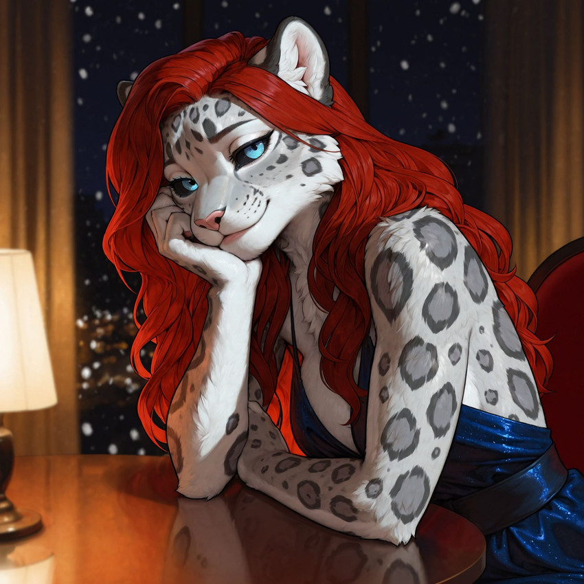 anthro black_sclera blue_eyes breasts evening_gown female hair head_on_hand leaning_on_table night red_hair sitting sky solo star starry_sky whiskers erta_wanderer lily_henderson felid mammal pantherine snow_leopard hi_res