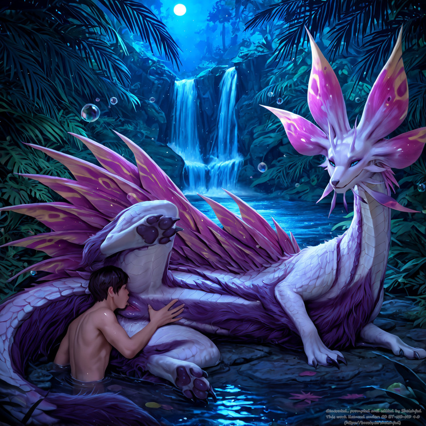 4_toes 5_fingers bestiality black_hair blue_eyes bodily_fluids bubble claws cunnilingus detailed_background duo eyes_closed feet female feral fingers fluffy fluffy_fur foggy fur genital_fluids genitals hair hand_on_stomach human_on_feral interspecies jungle light lying_on_side male male/female moon moonlight multicolored_body night nude oral partially_submerged plant pupils purple_body purple_fur pussy pussy_juice raised_leg river scales sex shrub side_view slit_pupils toes tongue tongue_out tree vaginal water waterfall wet white_body white_scales sheishfed capcom monster_hunter human leviathan_(mh) mammal mizutsune monster hi_res