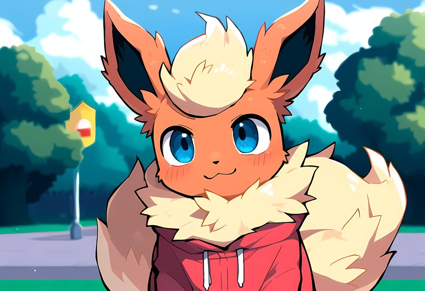 ambiguous_gender black_nose blue_eyes blush chest_tuft clothed clothing drawstring feral fur hoodie orange_body orange_fur outside sidewalk sitting_on_ground smile solo topwear tuft director_seam eeveelution flareon generation_1_pokemon pokemon_(species) absurd_res hi_res